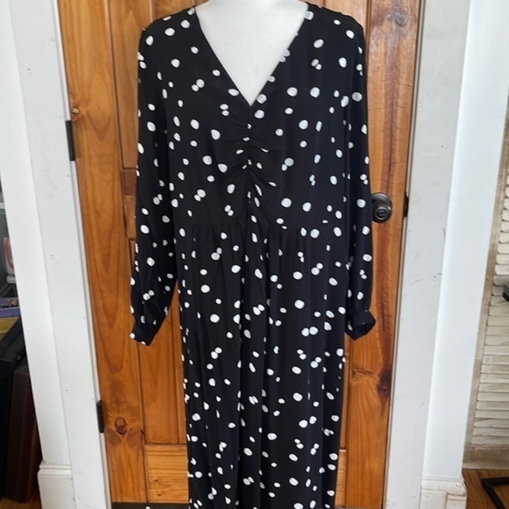 Loft Petite Black White Polka dot long sleeve dress 14P